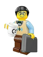 LEGO minifigure wearing glasses, and an argyle vest. He is holding a coffe cup with 'C:' and a laptop - he's a coder